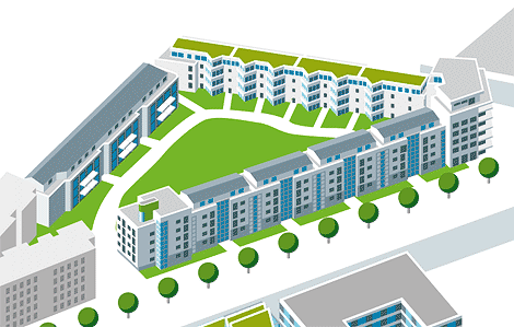 isometrische Darstellung des Duesseldorfer Medienhafens-Detail 'Architektur' 'Infografik' 'Schueco' 'Vektorgrafik 