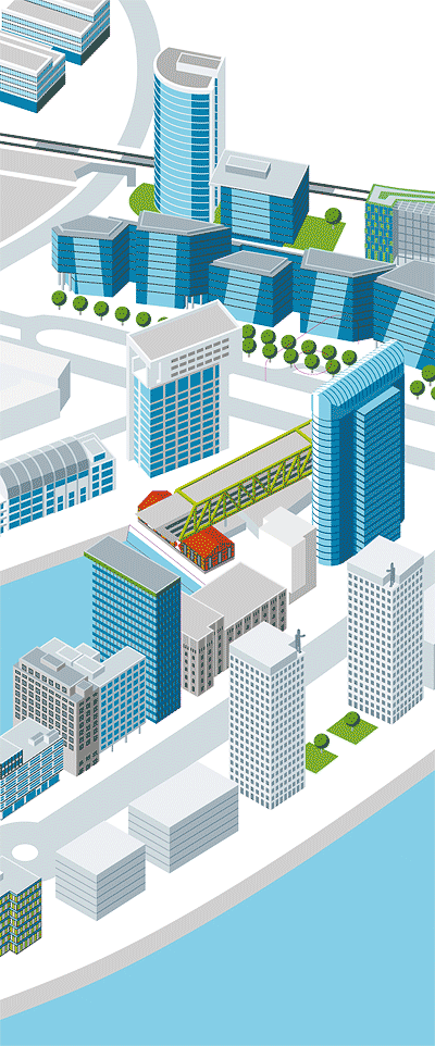 isometrische Darstellung des Duesseldorfer Medienhafens-Detail 'Architektur' 'Infografik' 'Schueco' 'Vektorgrafik 